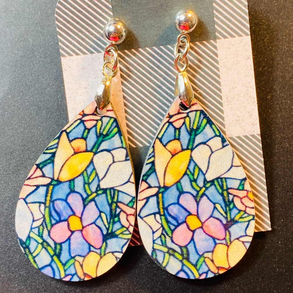 Floral Stained Glass Look Dangle Pierced Earrings